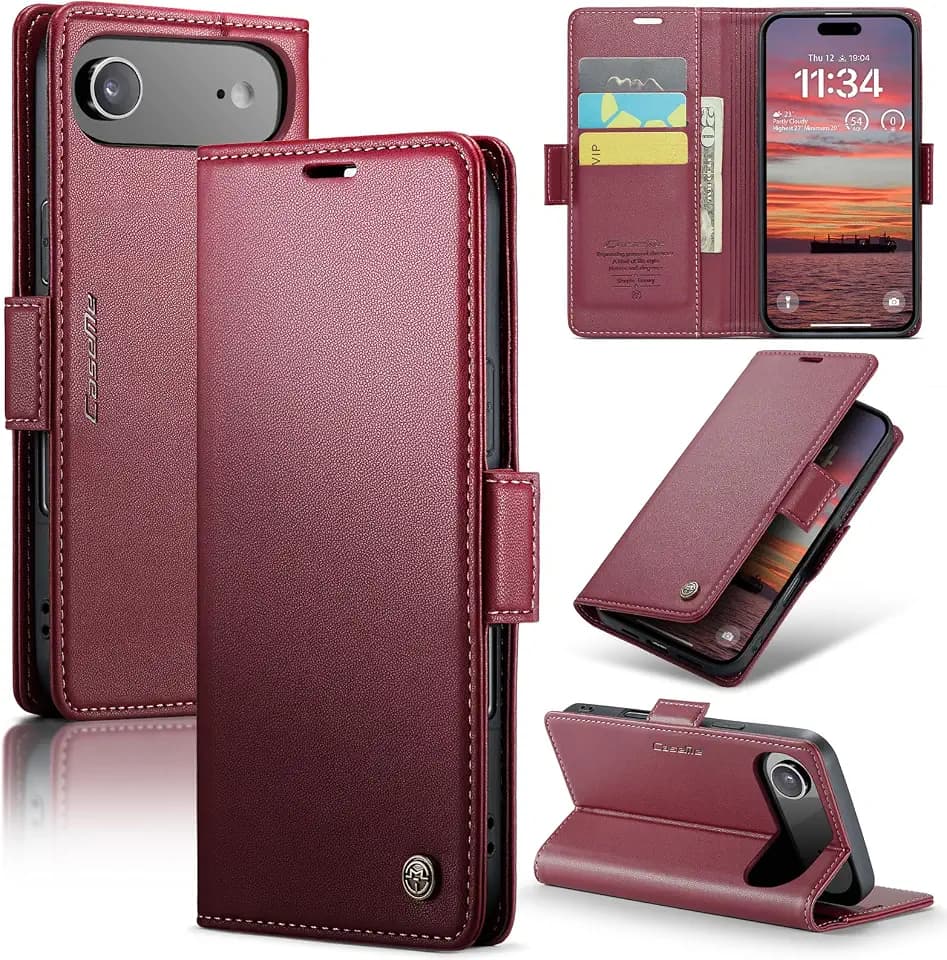 for iPhone Air Wallet Case with Credit Card Holder, PU Leather RFID Blocking Folio Flip Kickstand Magnetic Clasp Protective Phone Cover for iPhone 17 Air 6.5 Inch Wine Red