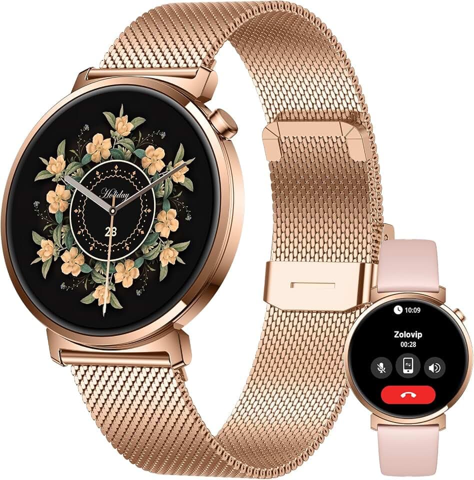 Damen-Smartwatch m. rundem kompaktem Design ultradünne Fitnessuhr für Frauen Damen-Fitnessuhr mit Schrittzähler & Anruf, IP68 wasserdicht, 1,32-Zoll-AMOLED, Android/iOS kompatibel, Gold