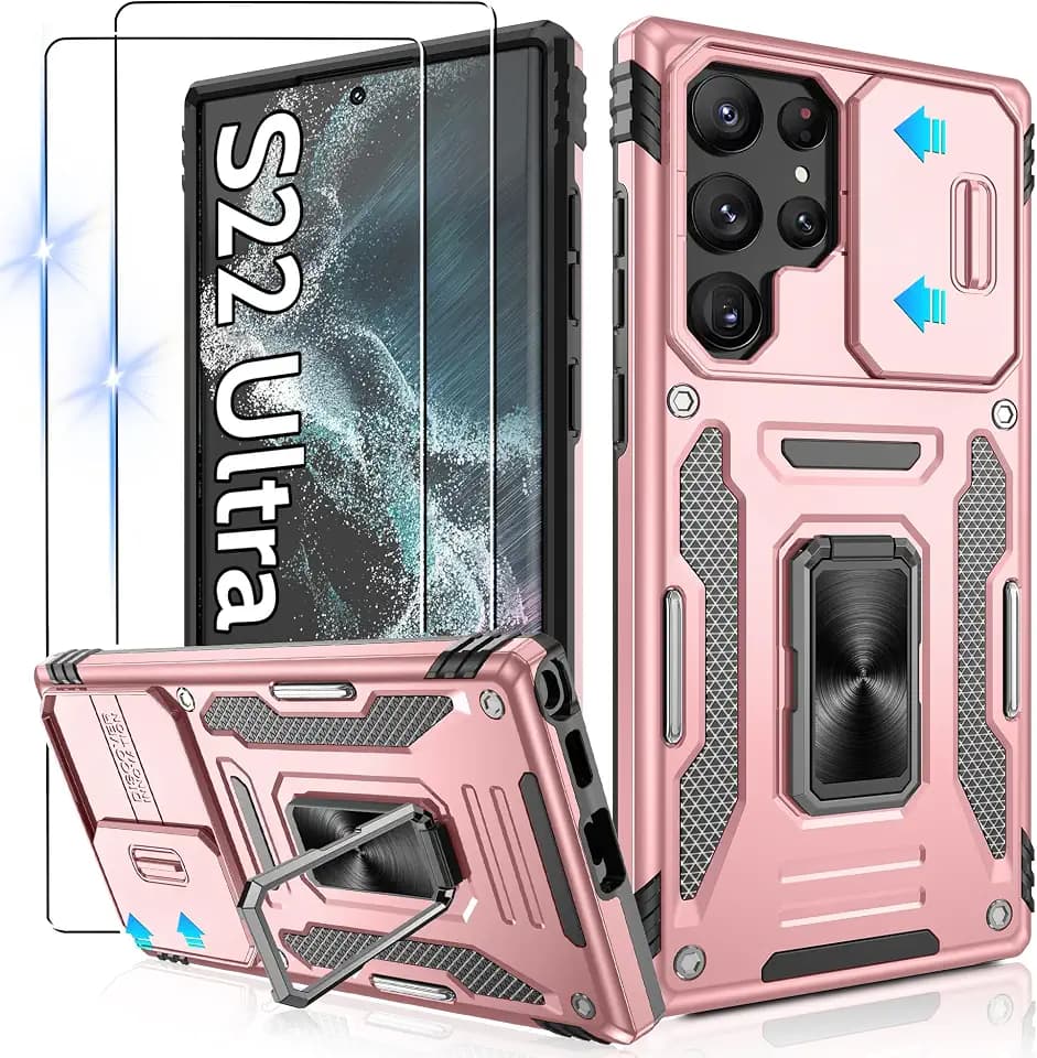 Gritup für Samsung Galaxy S22 Ultra Hülle mit verschiebbarem Kameradeckel | 2-Pack HD Bildschirmschutzfolien | 360° drehbarer Metall-Ständer | MIL-STD-zertifizierter Stoßschutz | Roségold