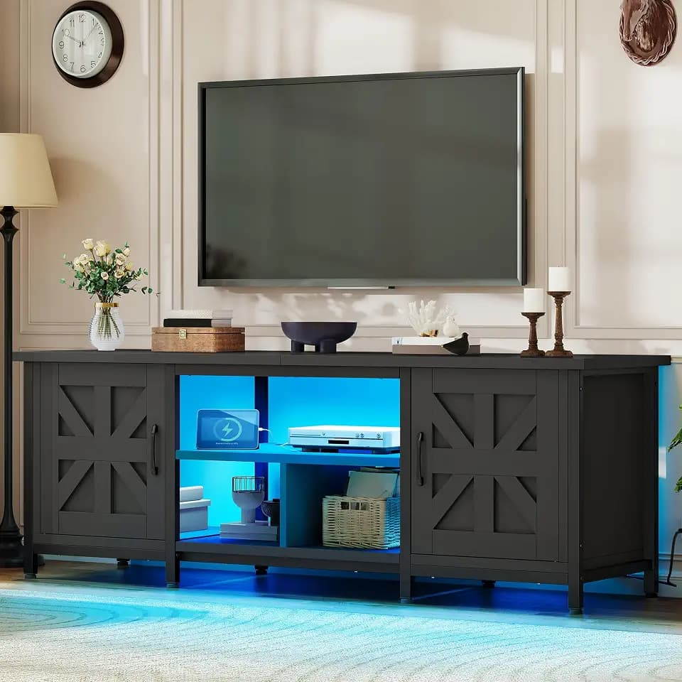 YITAHOME Farmhouse TV Stand with LED Lights & Charging Station, Black