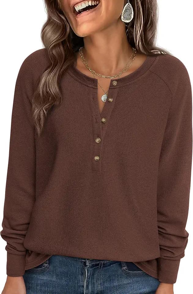 PRETTYGARDEN Women's Long Sleeve Waffle Knit Henley Shirts Loose Tunic Tops