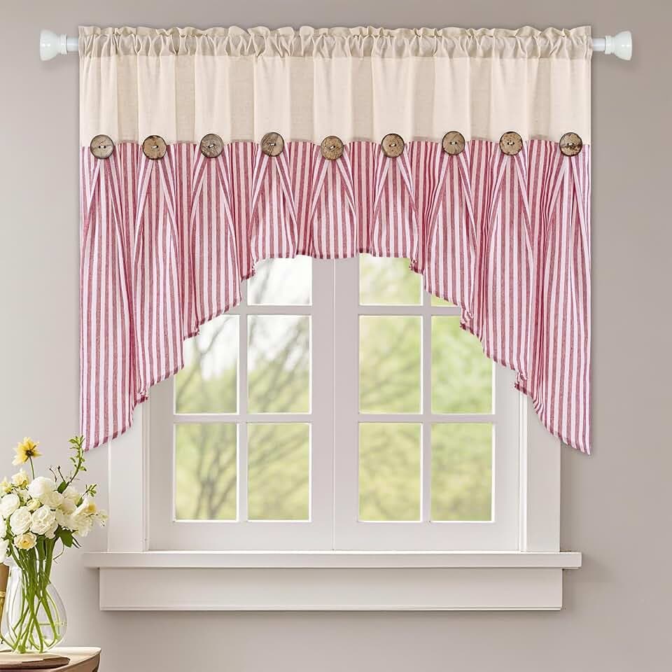 ASPMIZ Farmhouse Cotton Linen Swag Valances for Windows, Boho Rustic Kitchen Curtains Valances with Buttons, Red Striped Window Treatments Curtain Valance for Bathroom Cafe, 61 x 36 Inch, 1 Panel