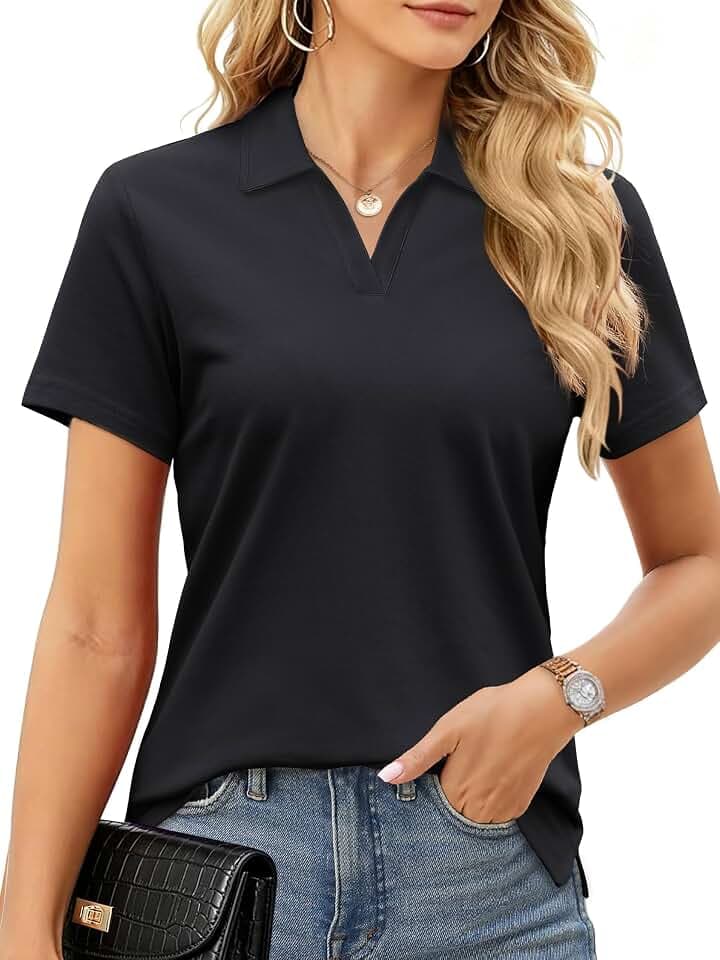 SMENG Women's Cotton Blend Pique Polo Shirts Short Sleeve Collared V-Neck