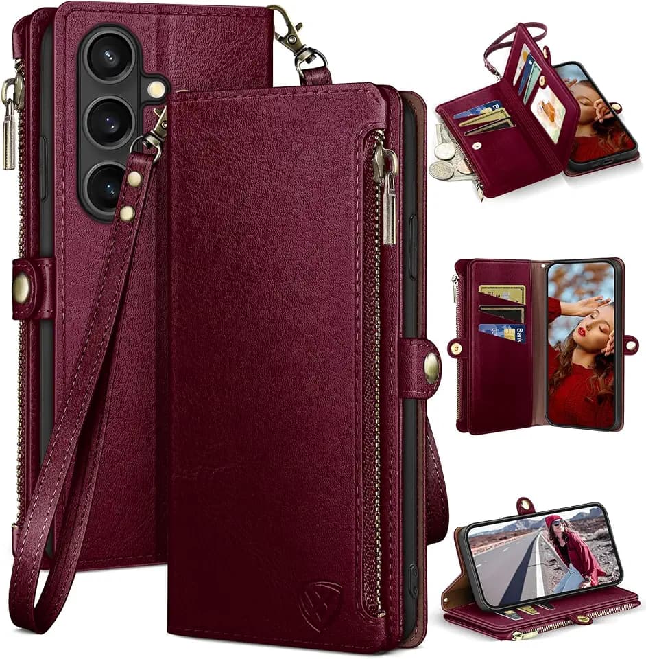 XcaseBar Compatible with ‌Samsung Galaxy S26 Wallet case with Zipper Credit Card Holder【RFID Blocking】,Flip Folio Book PU Phone case Shockproof Cover Women Men for Samsung S26 case Wine Red