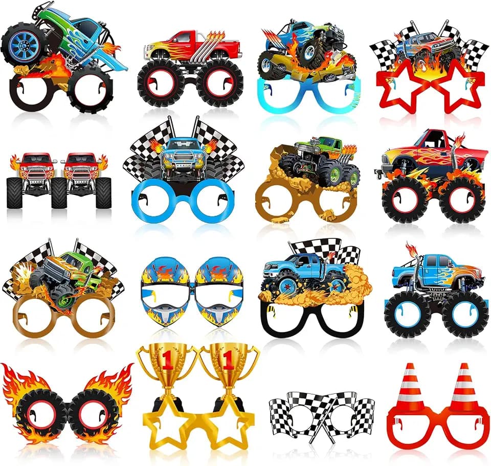 Jenaai 32 Pcs Monster Truck Party Photo Booth Props Paper Eyeglasses Decor