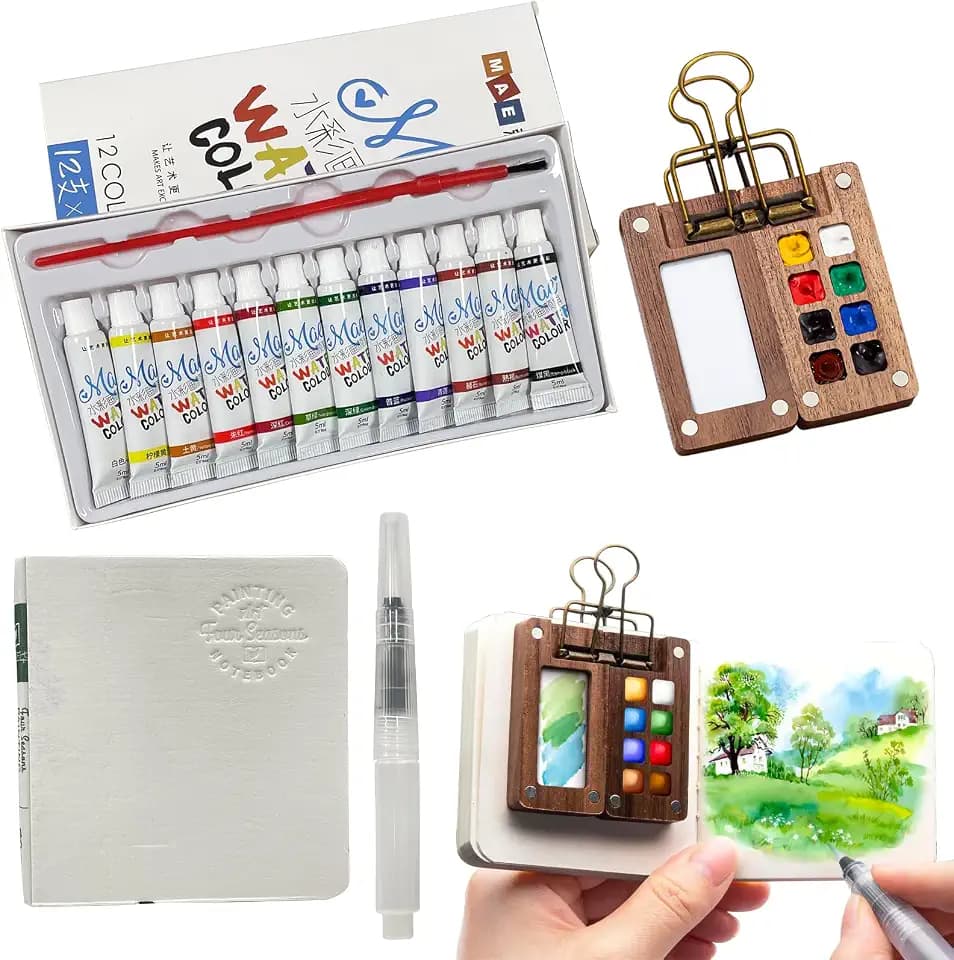 Aquarellfarben Set Mini Wasserfarbkasten, Reise Aquarellfarben Set 12 Farben in Tragbarer Box, Aquarell Palette, Portable Aquarell Palette Mini Travel Ideal für Künstler und Hobbymaler