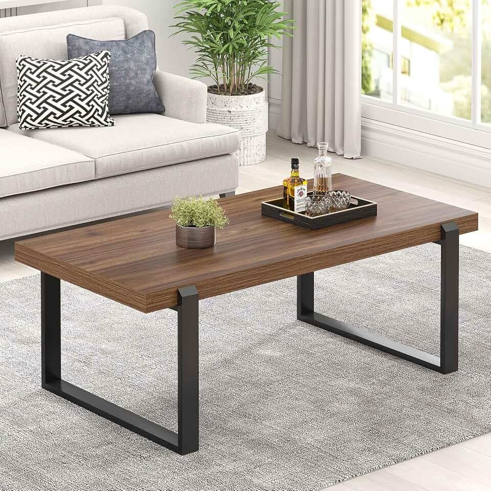 FOLUBAN Modern Coffee Table, Rustic Wood and Metal Center Table, Industrial Rectangle Cocktail Tea Table for Living Room, Walnut, 47 Inch
