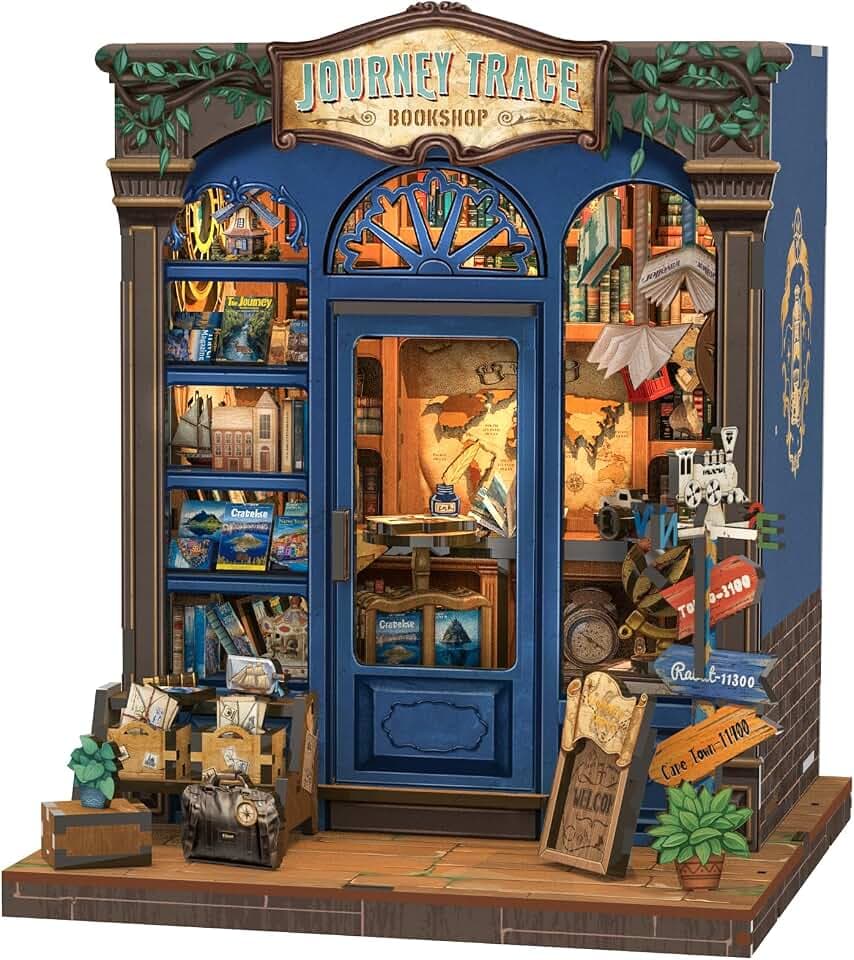 Fsolis DIY Book Nook Kit - Holz Puppenhaus Bausatz, Miniatur Tiny House für Bücherregal Deko, Kreatives Home Desk & DIY Geschenkidee(Journey Trace Bookshop)