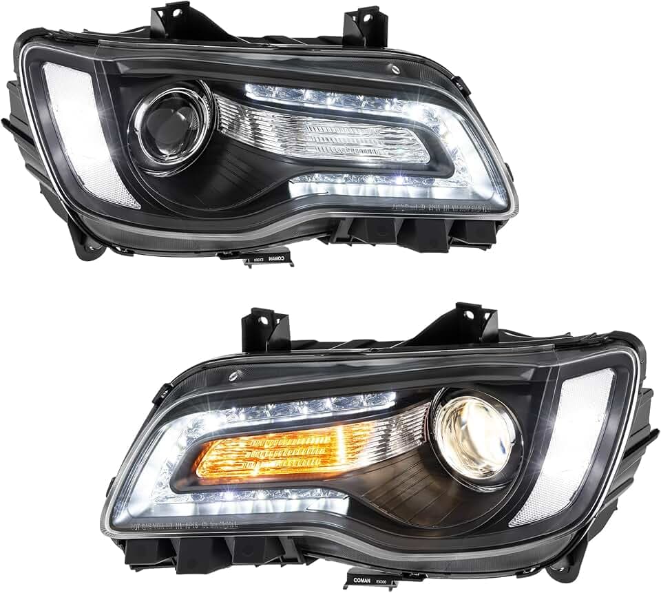 KUIPERAUTO Headlights Assembly Compatible for 2011-2023 Chrysler 300/300C w/Led DRL Black Housing Chrome Reflector Front Pair Projector Headlights