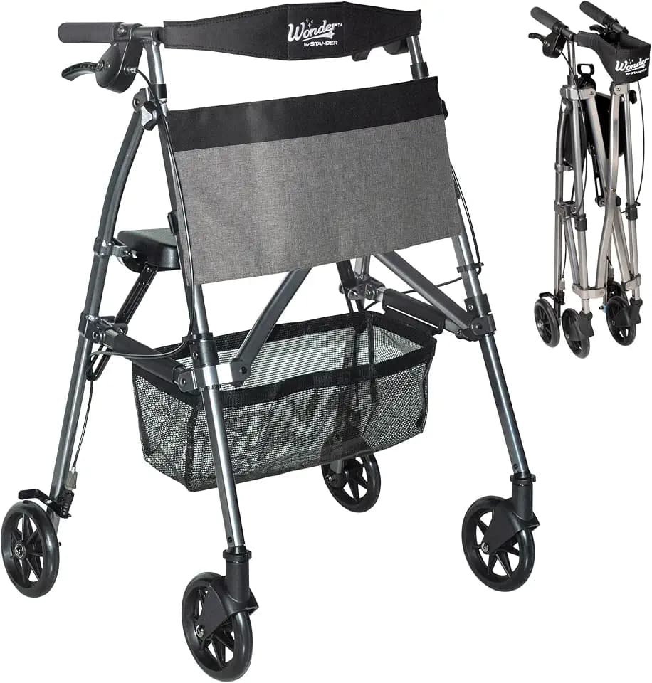 Stander Wonder Rollator Plus, Lightweight Folding Mobility Rolling-Walker, EZ Fold-N-Go-Rollator for Seniors and Adults, 6-inch Wheels, Locking Brakes and Padded Seat with Backrest, Black Walnut