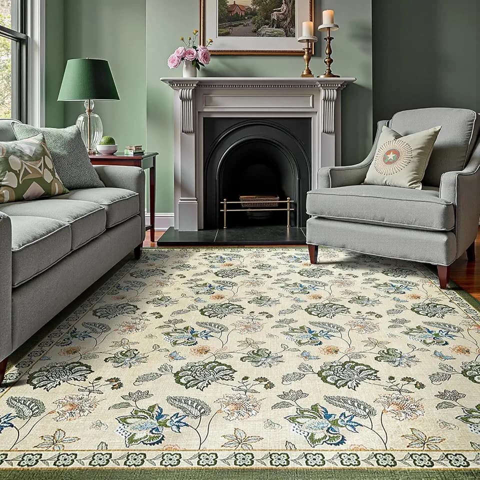jinchan Elora 8x10 Washable Area Rug, Floral Living Room Rug, Green/Beige