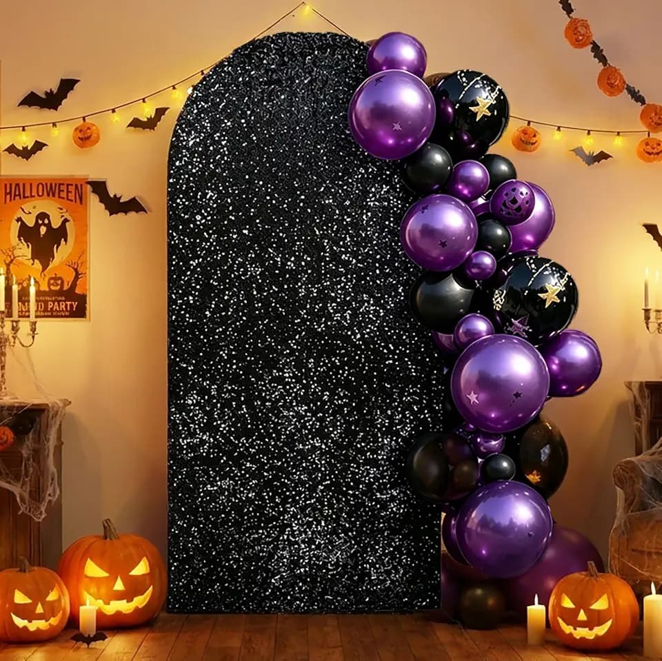 6.6FT Arch Backdrop Cover Black Spandex Fitted Fabric Sequin Halloween Arch Covers for Birthday Bridal Shower Party Decorations
