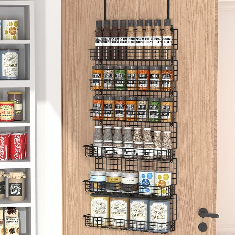 JKsmart 6-stöckiges Gewürzregal mit Türhaken, Wandmontage und über der Tür, Gewürzregale für Küche, Speisekammer, Türschrank, zwei Größen, großes Fassungsvermögen, Schwarz