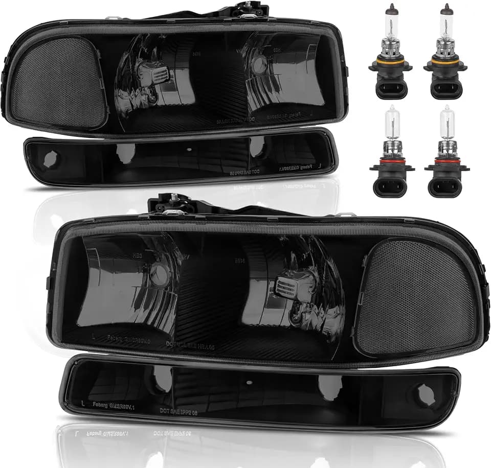 KUIPERAUTO Headlight Assembly Front Lamp Compatible with 1999-2006 GMC Sierra 1500 2500, 2000-2006 GMC Yukon with Black Housing/Smoked Lens/Clear Corner with Bulbs