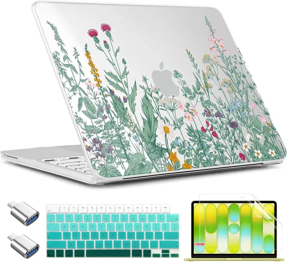 TWOLSKOO for MacBook Neo 13 inch Case 2026 A3404 A18 Pro Chip, Plastic Hard Shell Pattern Case with Type C Adapter, 2 Webcam Covers, Keyboard Cover & Screen Protector, Botanical Illustration