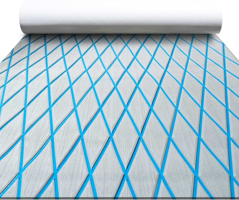 FOCEAN Boat Flooring EVA Foam Boat Decking Marine Mat Non-Slip Self-Adhesive Flooring Sheet for Motorboat Jon Boats Bass Boat Kayak RV Floor, 94.5''x 47.2'', Grey with Blue Lines