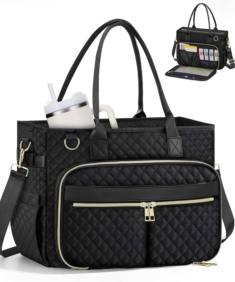 FIORETTO Teacher Tote Bag for Women with Laptop Compartment, Large Cup Holder, Zip Closure, Ideal for Work, Bible, Nurse
