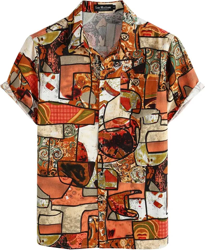 LucMatton Hawaiihemden für Herren, Baumwolle, Leinen, traditionelle Motive, Kurzarm, Knopfleiste
