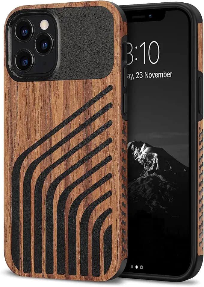 TENDLIN Compatible with iPhone 12 Pro Max Case Wood Grain with Carbon Fiber Texture Design Leather Hybrid Slim Case (Hairline)
