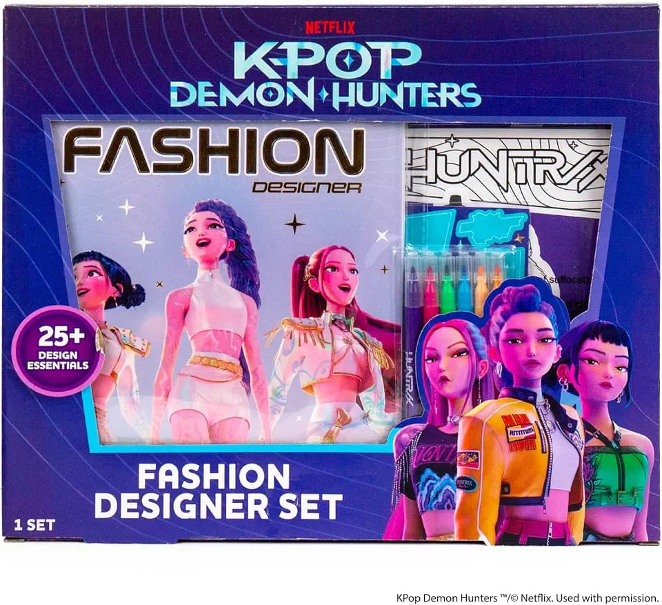 Netflix Kpop Demon Hunters Fashion Designer Set – HUNTR/X DIY Fashion Sketch Kit, 25+ Design Essentials with Stickers, Stencils, Markers & Sketchbook, Kids Creative Activity Kit