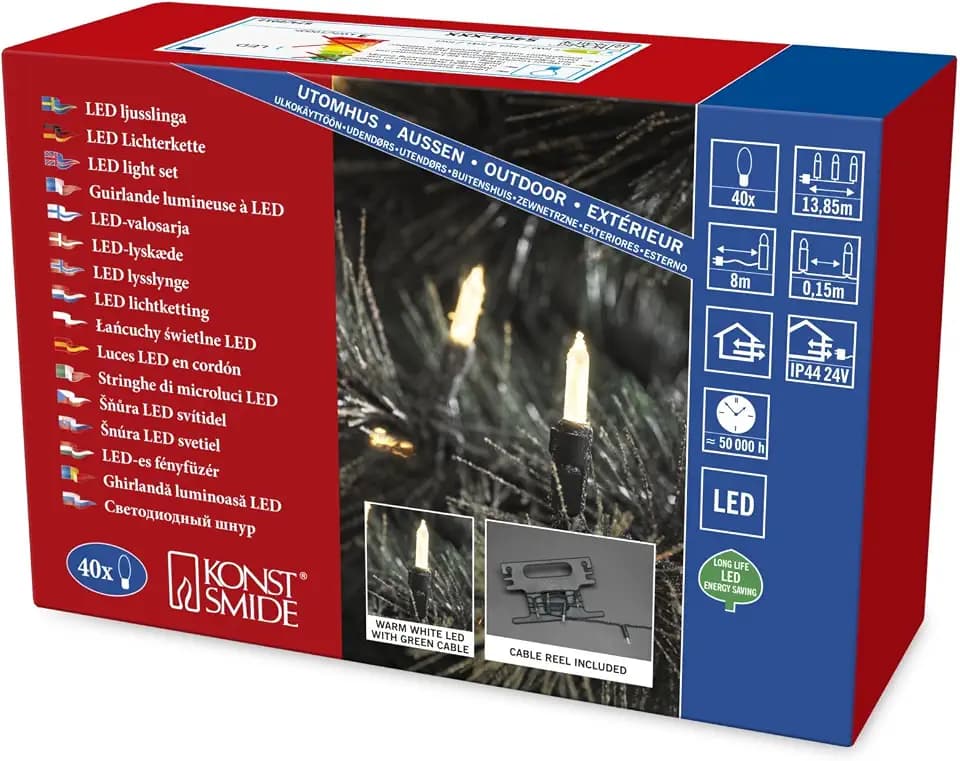 Konstsmide LED Minilichterkette, mit Aufroller, 40 warm weiße Dioden, 24V Außentrafo, grünes Kabel - 5404-179