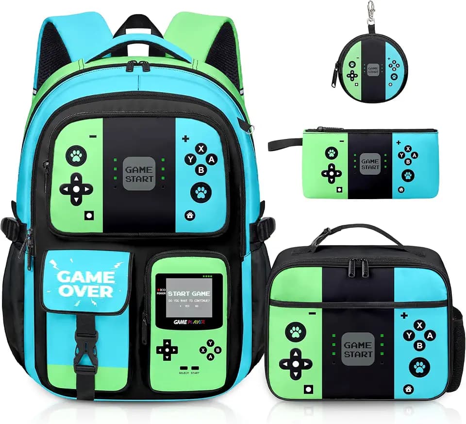 Backpack for Boys Gamer, 4pcs Boys Backpack with Lunch Box Pencil Case