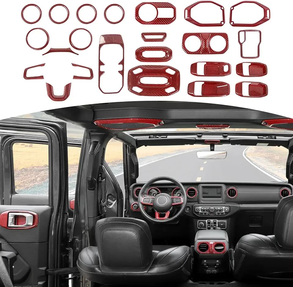 RT-TCZ for Wrangler JL Interior Trim Kit Compatible with Jeep Wrangler JL JLU Gladiator JT 2018-2023 Red Carbon Fiber Interior Accessories 23pcs