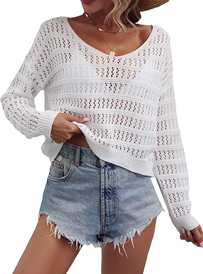 SHENHE Women's Crochet Hollow Out Drop Shoulder Long Sleeve Sweater Top