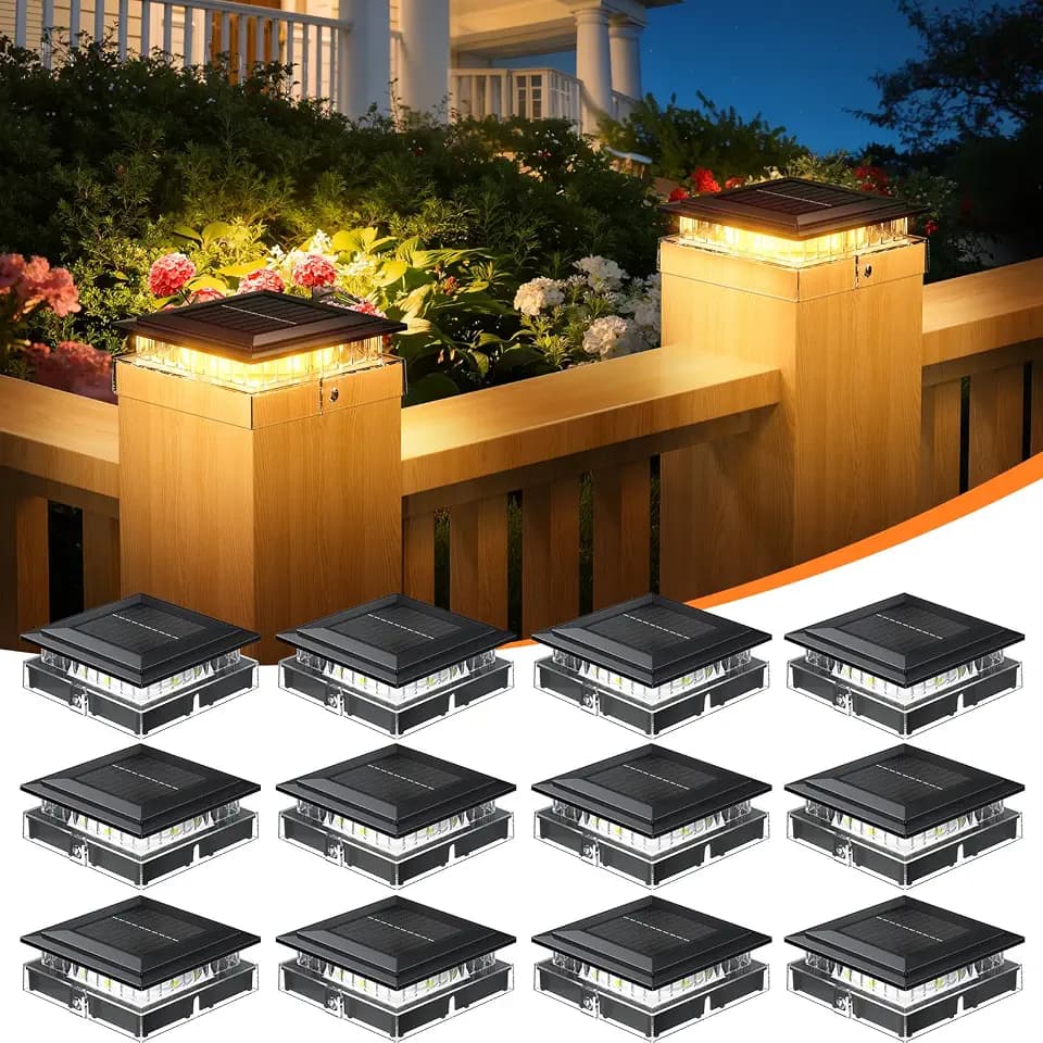 12 Pack 4x4 Solar Post Cap Lights, Warm Light Fence Post Solar Lights