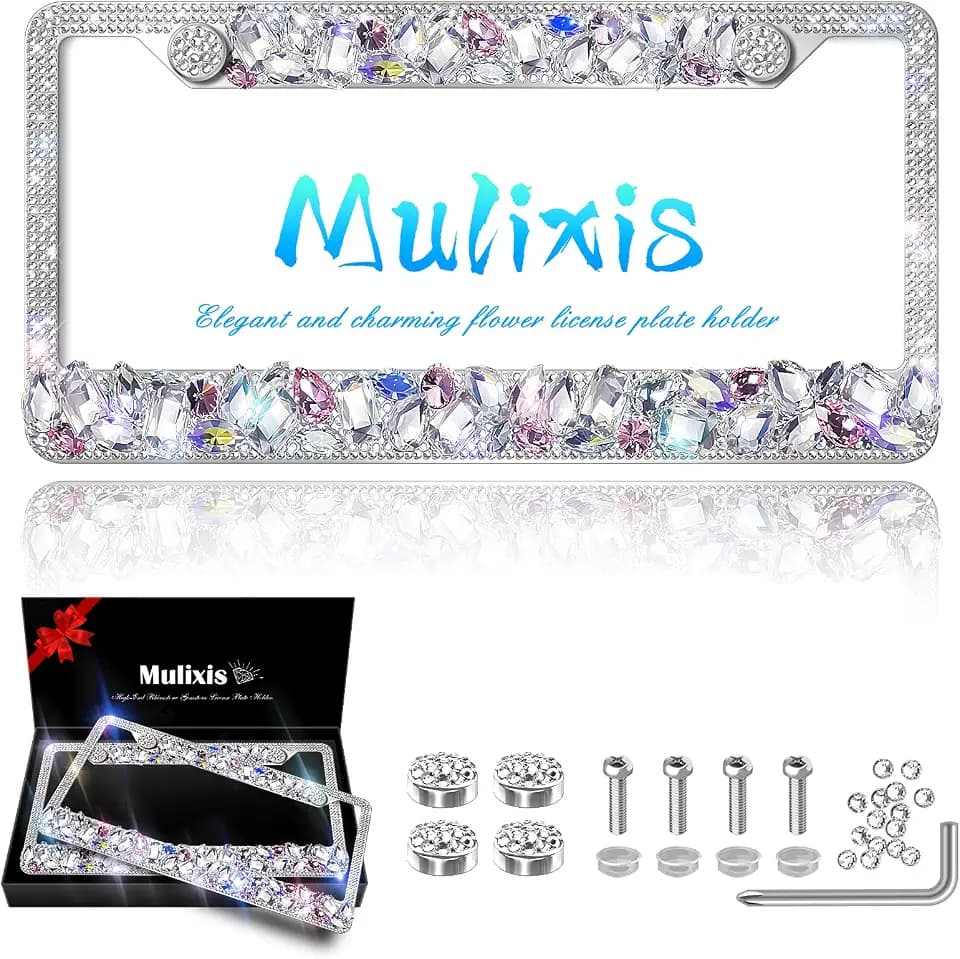 Bling License Plate Frame for Women 2 Pack Stainless Steel Rhinestone License Plate Holder Handmade Glitter White Crystal Diamond Girl Lincense Plate Cover