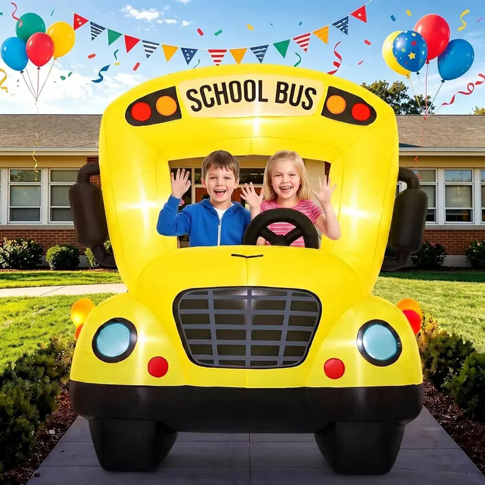 Soulchen 6 x 5 ft Inflatable School Bus Decor with Built in LEDs Lighted and Air Blower, Back to School Party Decoration Blow up Giant Decor for Wheels On The Bus Party Birthday Photo Props
