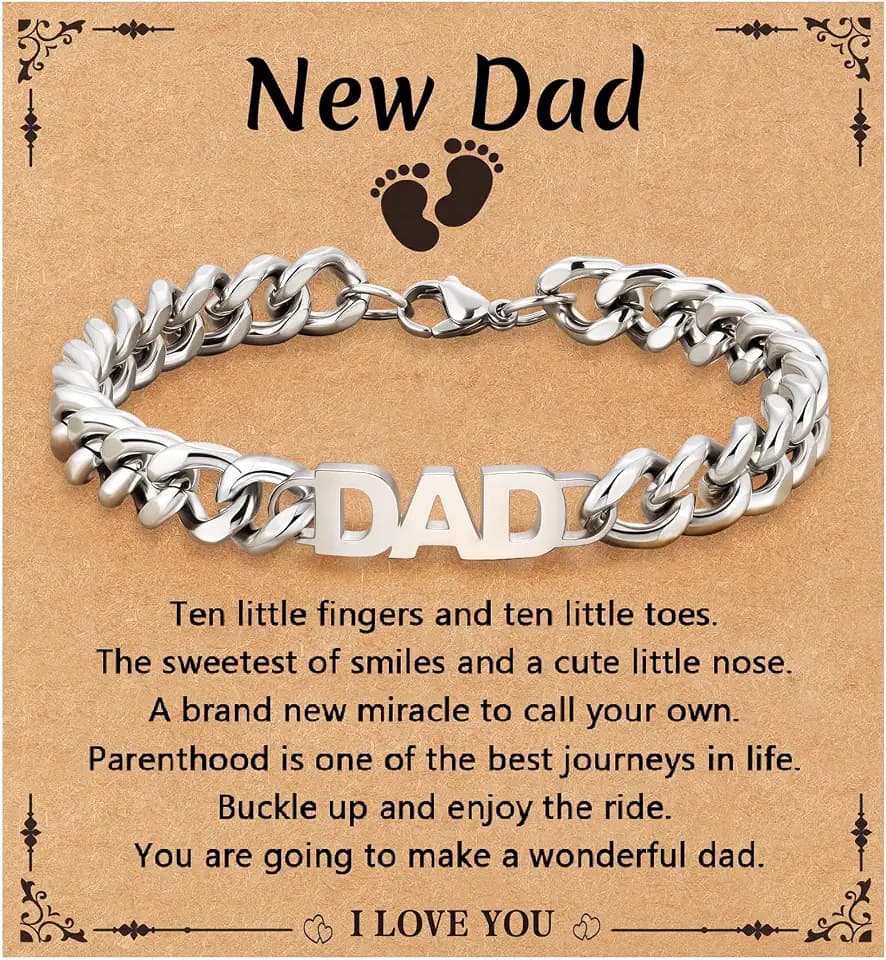Bracelet for Dad/New Dad/Daddy/Papa/Stepdad/Son, Birthday Gifts Stainless Steel Cuban Chain Jewelry for Men 8.2 Inches