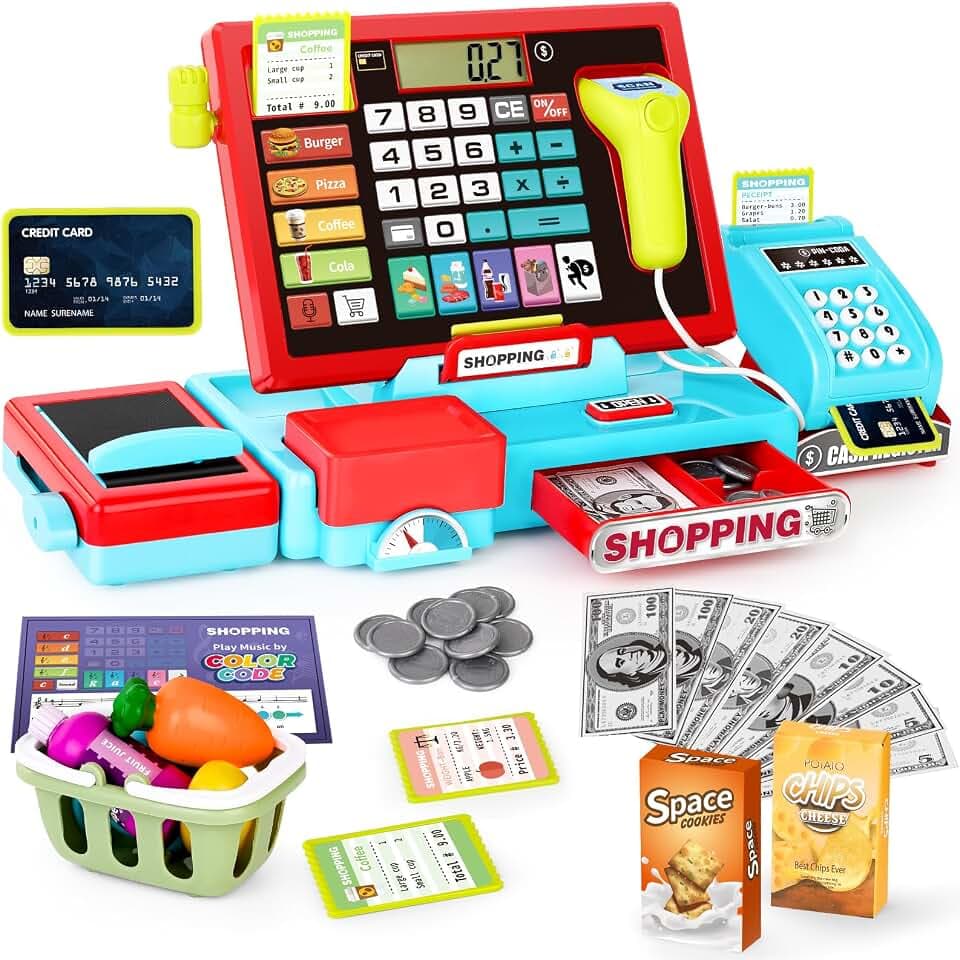 Elektronische kinderkasse mit Scanner & Musik Funktion, 52 kaufladen zubehör rollenspielzeug für Kinder-spielgeld, mikrofon, einkaufskorb, Waage, lernspielzeug für Kinder ab 3 Jahren