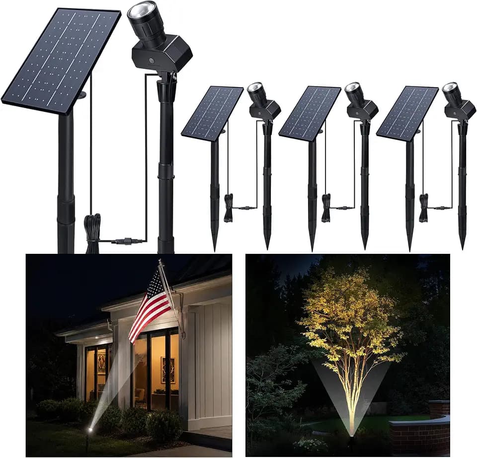 Outdoor Solar Spotlight, Adjustable Angle Landscape Spotlight Waterproof, 2500mAh All Night Separate Panel LED Uplight Dusk to Dawn, 5 Lighting Modes for Outside Patio Wall Path House 4 Pack