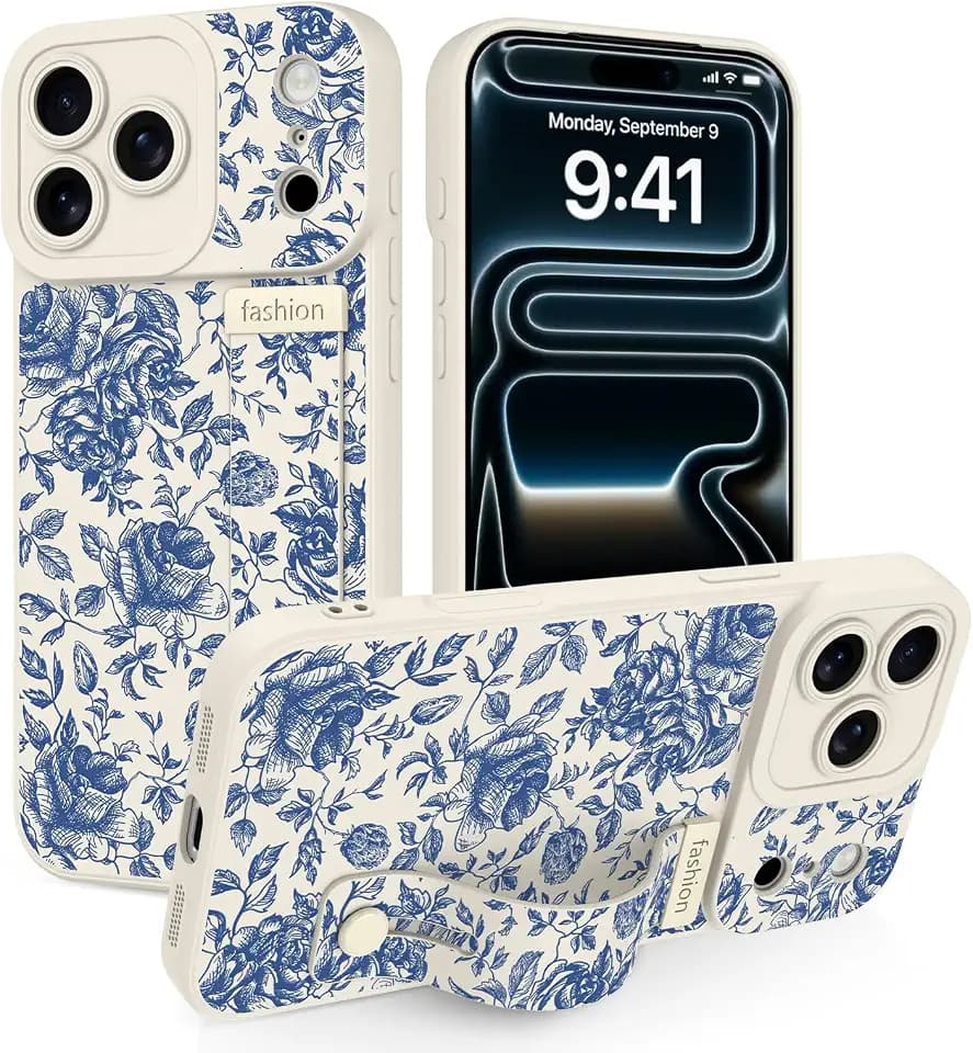 Silicone Case for iPhone 17 Pro Max with Strap Stand, Blue Rose