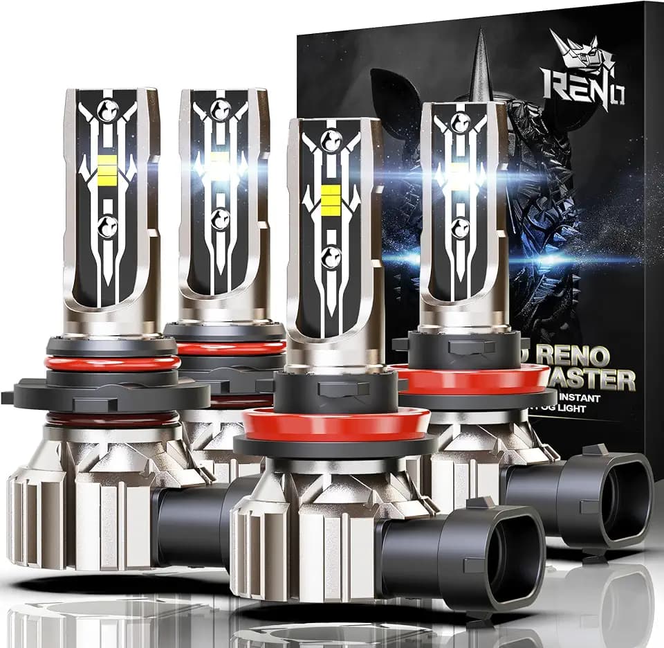 RENO 9005 H11 Bulb Combo, Fanless H8/H9/HB3 6500K White Fog Bulb, 4 PCS