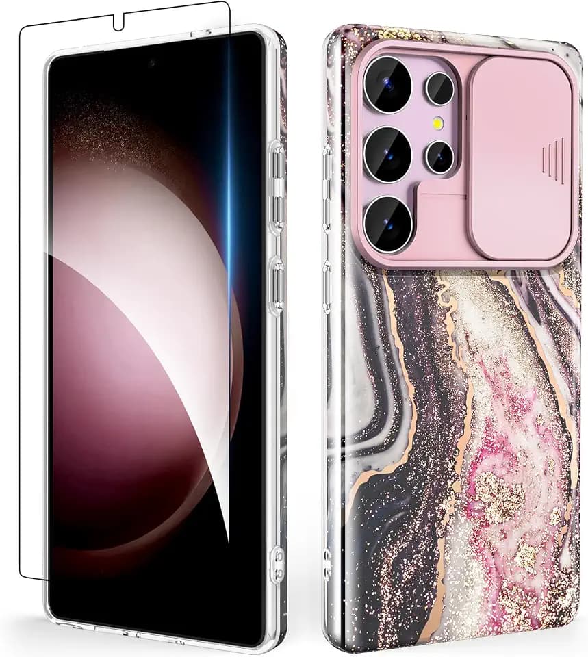 SHEDEER für Samsung S25 Ultra Hülle - Verschiebbarer Kameraabdeckung & Displayschutz, Samsung Galaxy S25 Ultra Hülle Schick Muster, Stoßfest Schlank, Handyhülle für S25 Ultra - Fernes Schwarz