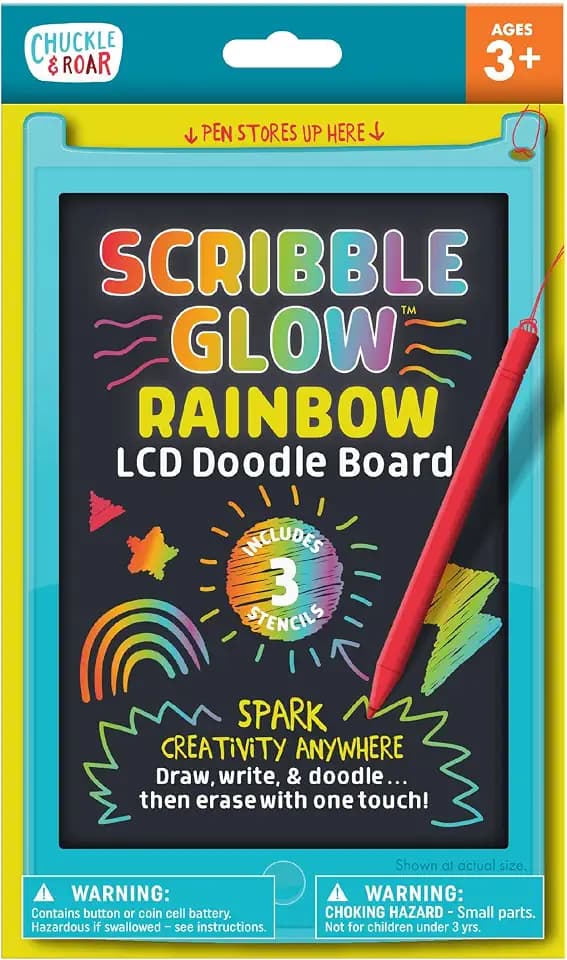Chuckle & Roar LCD Rainbow Doodle Board for Kids – Powered by Boogie Board Patented LCD Technology, Reusable Drawing Tablet with One-Touch Erase, 3 Stencils & Tethered Stylus