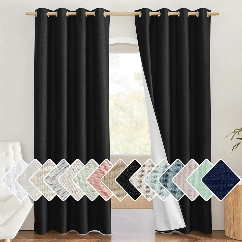 NICETOWN Vintage Open Linen Weave Flax Thermal Black Curtains for Holloween Decoration, 100% Blackout Curtains 84 inches Long 2 PCs for Dining Room, Soundproof Window Treatment Drapes for Hall Room