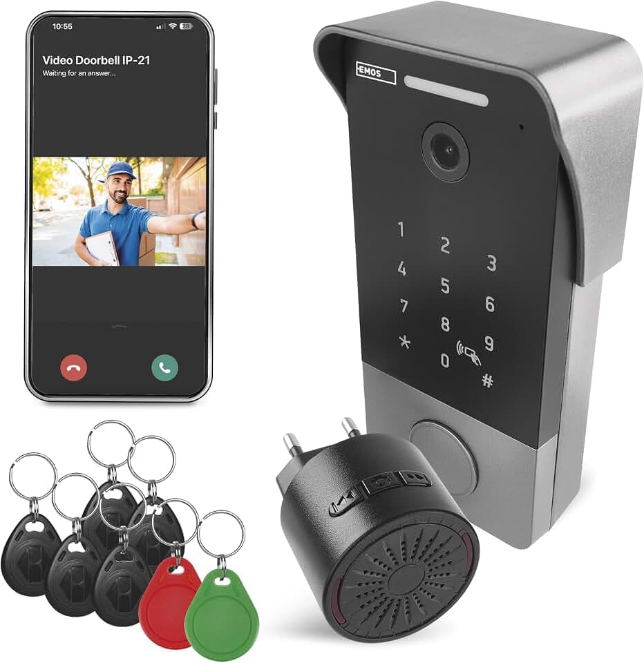 EMOS GoSmart Video-Türklingel mit App - 1-Draht Ethernet Verbindung - wasserfeste Smart Home Videoklingel - Full HD 2 Mp Kamera - inkl. Codeschloss, Klingel, Netzteil, RFID-Chips und Montage- Zubehör
