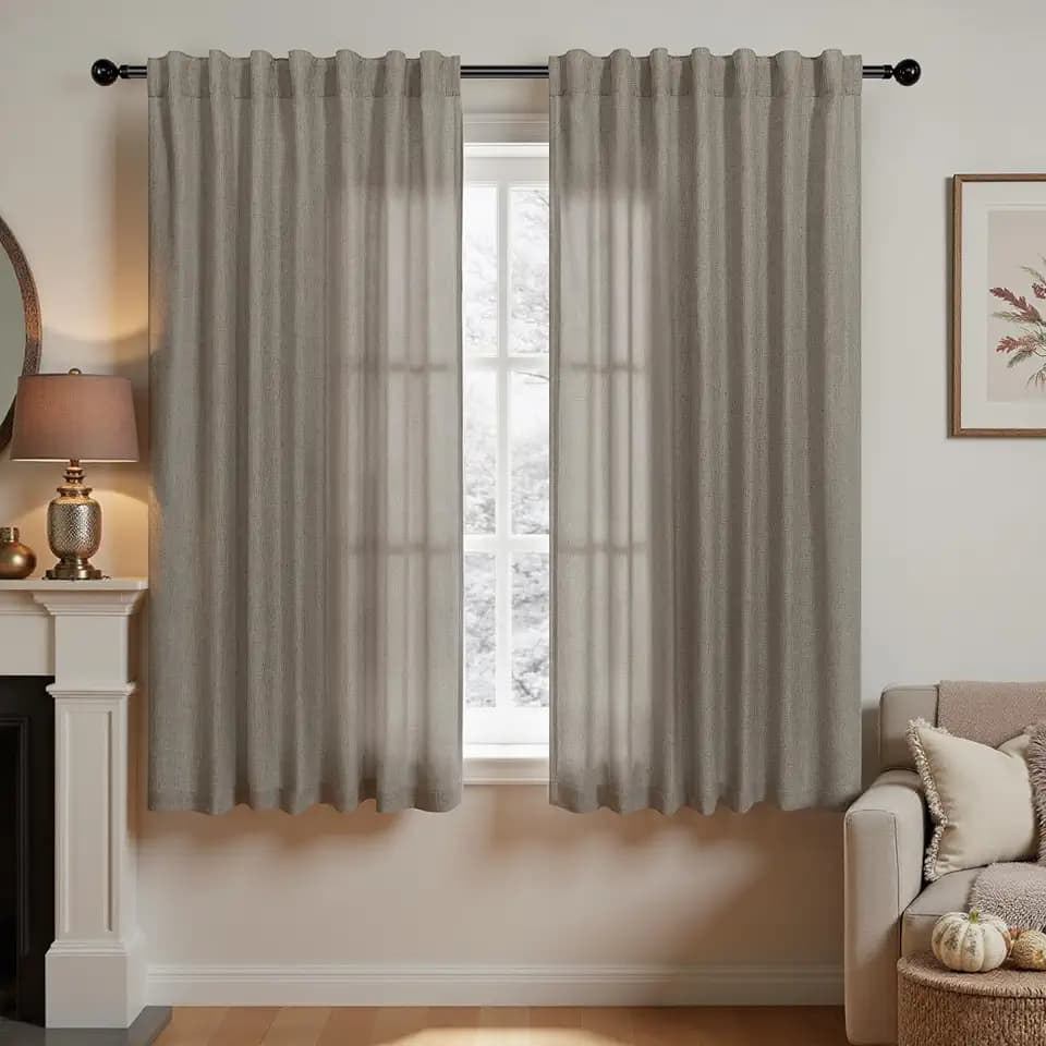 KOUFALL Taupe Curtains 45 Inch Length Boho Linen Privacy Cafe Small Short Kitchen Window Curtains Over Sink, 2 Panel Sets, Light Brown
