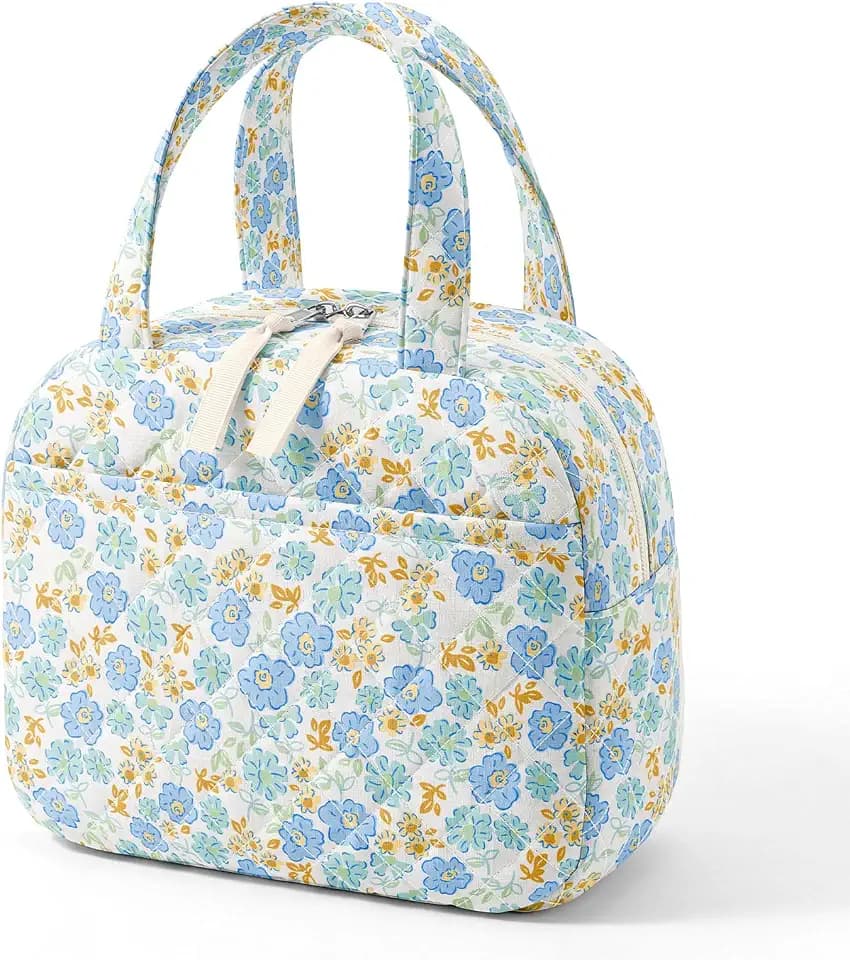 WOBAGMEN Quilted Lunch Box for Women,Coquette Aesthetic Lunch Box for Teen Girls,Cute Floral Lunch Bags for Work, School,Office,Picnic,Travel (green blue floral)