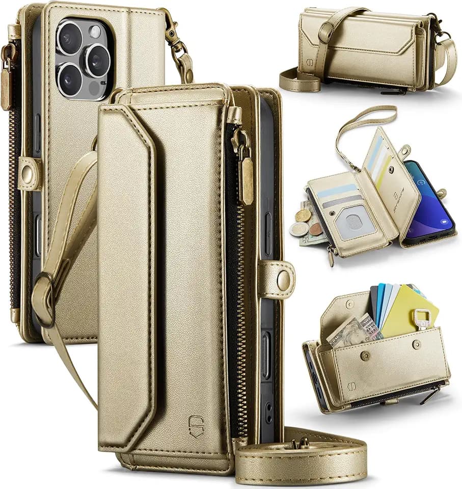 Strapurs for iPhone 16 Pro - Zipper Strap Wallet Case for Women, Gold