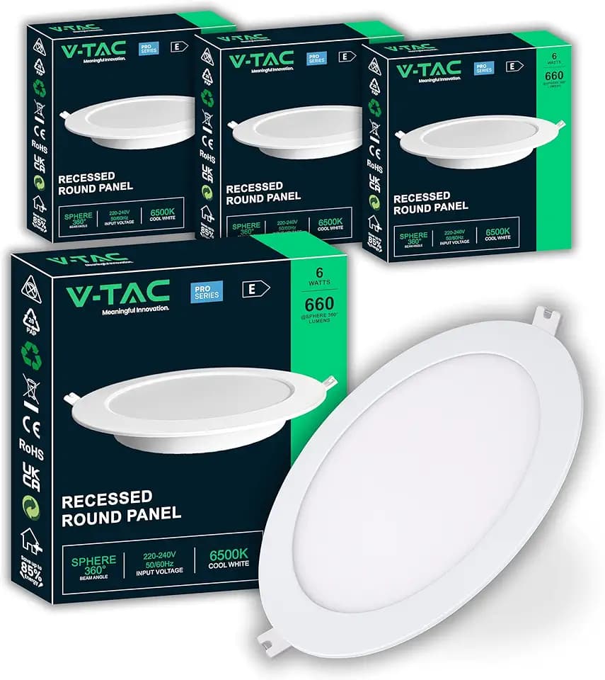 V-TAC 4x LED-Einbaustrahler Rund 6W – PRO SERIES – Durchmesser 120 mm – 660 Lumen – IP20 – für Decke, Zuhause, Gipskarton – Ultra Flach Lampen – Lochmaß 107–112 mm – 4-er Pack - Kaltweiß 6500K