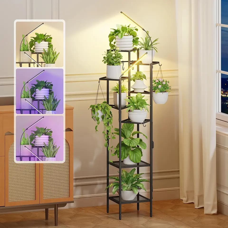 Quikraen 8-Tier Black Plant Stand with Grow Lights, 58.5" Tall Ultra-Narrow Corner Plant Shelf with 2-Head LED Grow Light & Hanging Hooks, Space-Saving Metal Flower Pot Holder Rack for Indoor Plants, Patio, Balcony