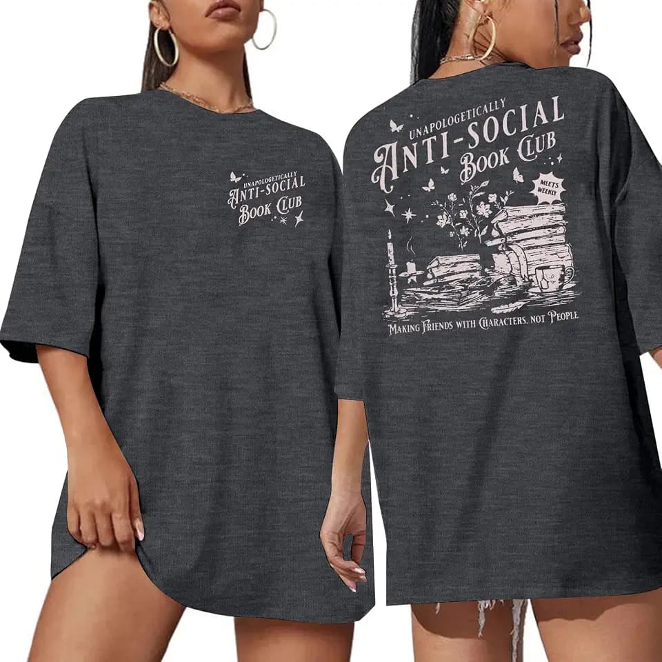 SUPEYA Anti Social Book Club Shirt Women Book Lover Teacher Shirts Bookish Tshirt Bookworm Reading Oversized Graphic Tee