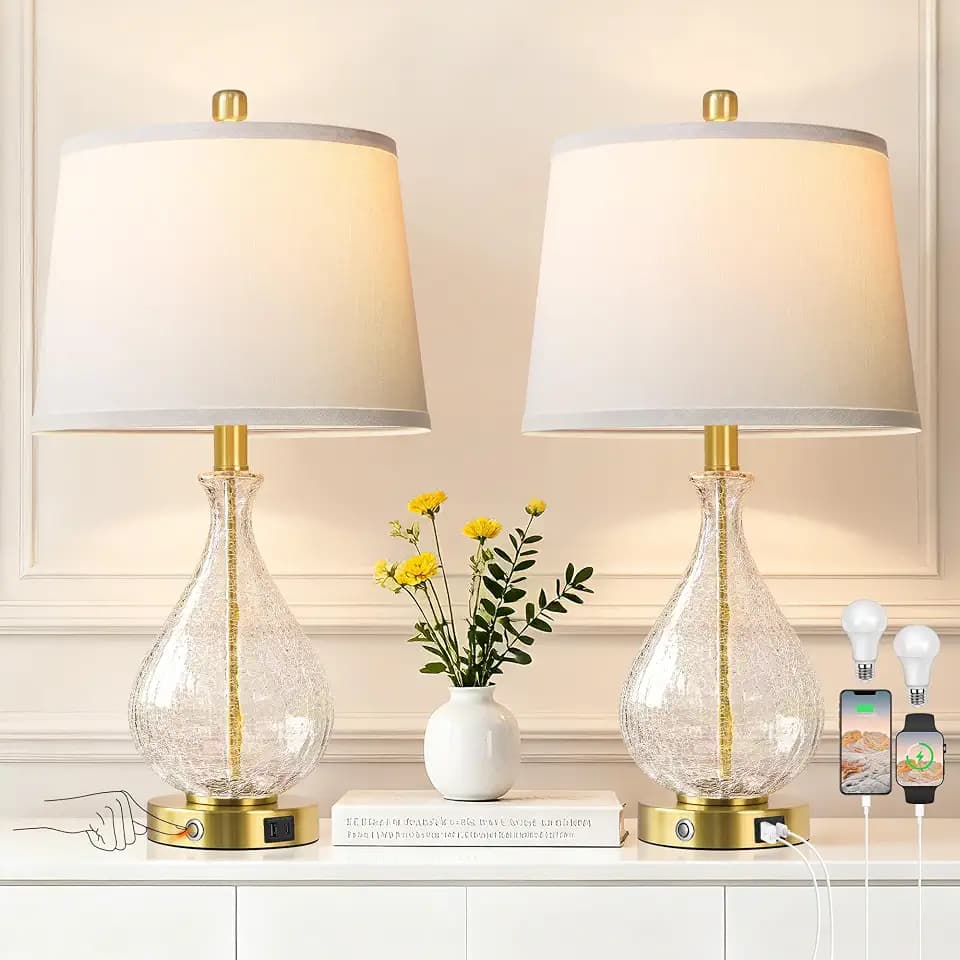 QiMH Bedside Lamps Set of 2, Modern Glass Table Lamps for Living Room