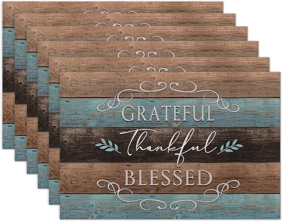 Thankful Grateful Blessed Placemats Set of 6 Place Mats for Kitchen Table Washable Farmhouse Linen Table Mats Dining Decoration 12x18 Inch
