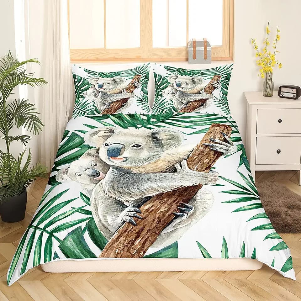 Homewish Koala Bettbezug Palme Bettwäsche Set Karikatur Tierwelt Tier Trösterbezug 155x220 für Kinder Jungen Mädchen Teenager Tropenblätter Zweig Tagesdecke Bezug Weiche Bettbezug