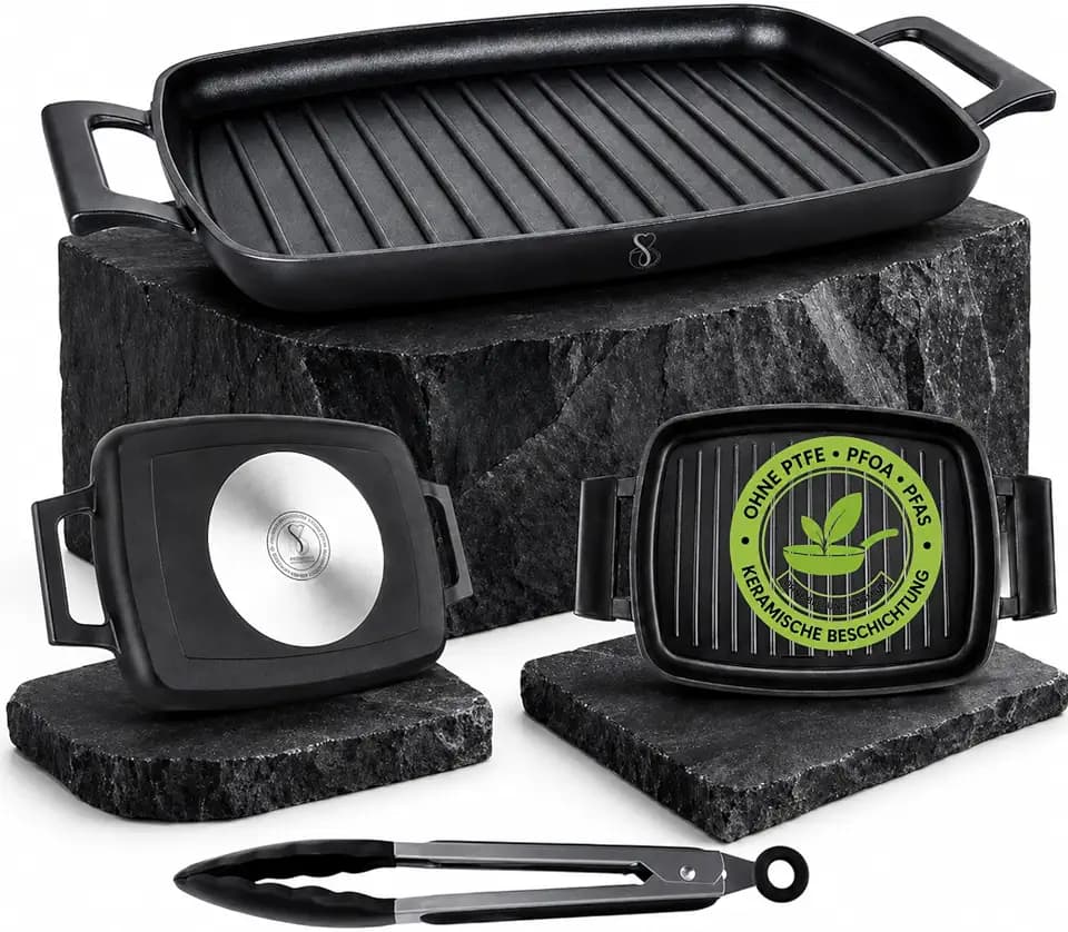 Stone&Stone Grillplatte Induktion XL 47 x 29 cm, Grillpfanne Rechteckig Antihaft, Deutsche GREBLON Keramikbeschichtung, Vollstahlboden, PFAS-/PTFE-/PFOA-frei, Gas & Backofen
